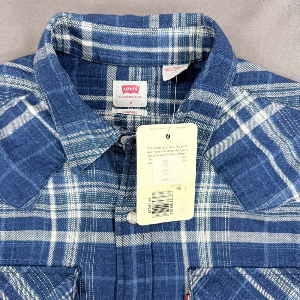 Levi Mens S‎ Blue Plaid Cotton Western Standard Fit Pearl Snap Long Sleeve Shirt